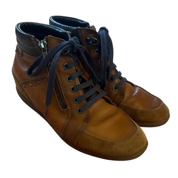 Women 38 8 Pikolinos Lace-Up Zip Brown Leather Wedge Ankle Boots Studded - Picture 1 of 9